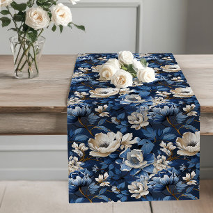 Ivory and Blue Flowers Luxury Table Runner