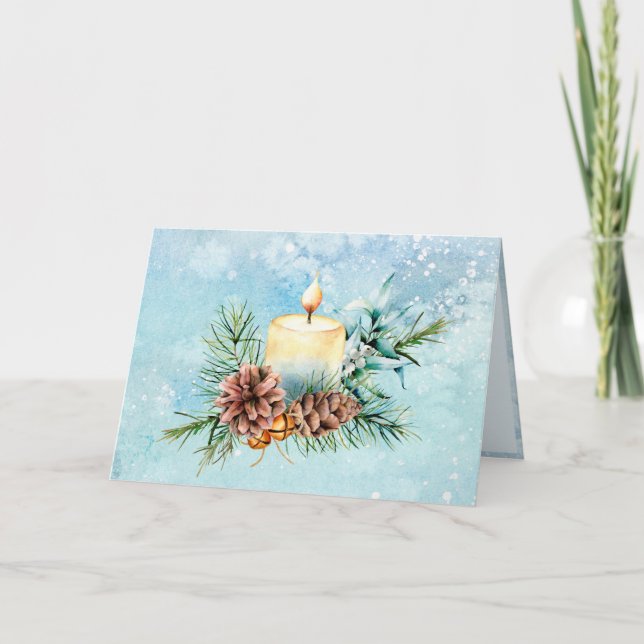 Ivory and Blue Glowing Candle Pinecones Christmas Holiday Card (Front)