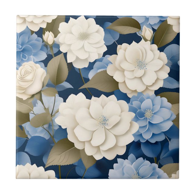 Ivory and Blue Hydrangea Floral Serenity Tile (Front)