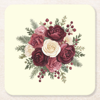 Ivory and Burgundy Floral Wedding  Square Paper Coaster