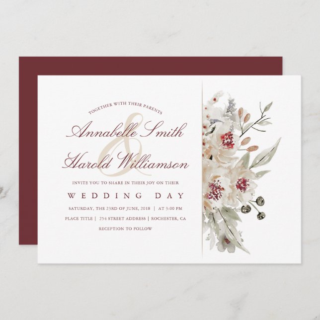 Ivory and Burgundy Watercolors Floral Wedding Invitation (Front/Back)