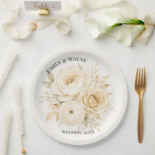 Ivory and Champagne Pearl White Floral Wedding Paper Plate
