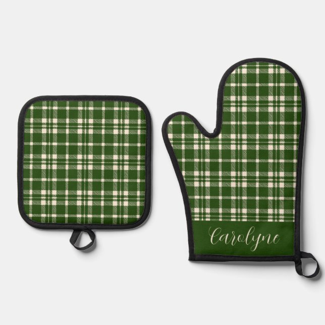 Ivory and Emerald Green Plaid Pattern Oven Mitt & Pot Holder Set (Front)