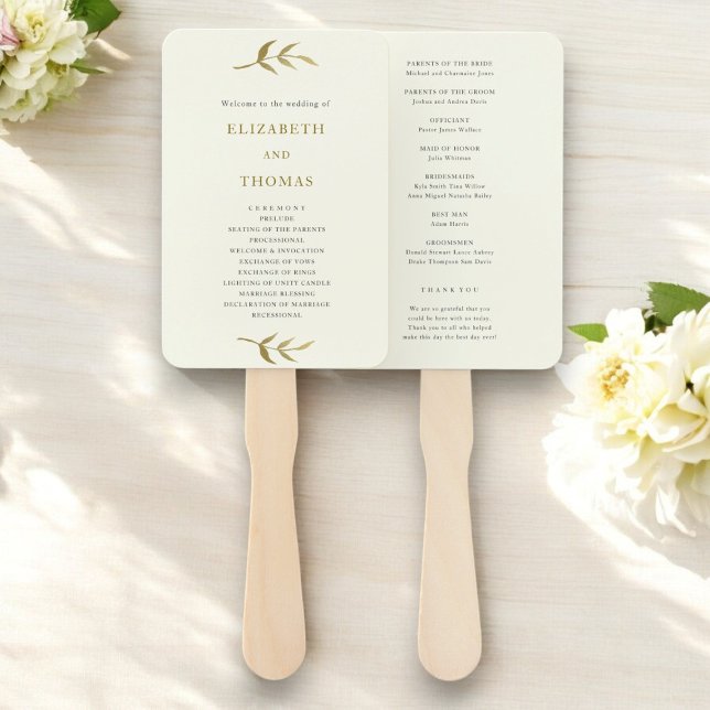 ivory and gold custom wedding program template hand fan (wedding program hand fan template in ivory and gold , ideal for a luxury summer wedding)