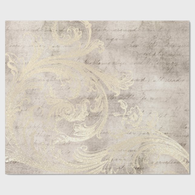 Ivory and Gold Grunge Damask Calligraphy Wrapping Paper (Flat)
