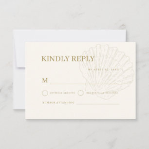 Ivory and Gold Hand Drawn Seashell Coastal Wedding RSVP Card