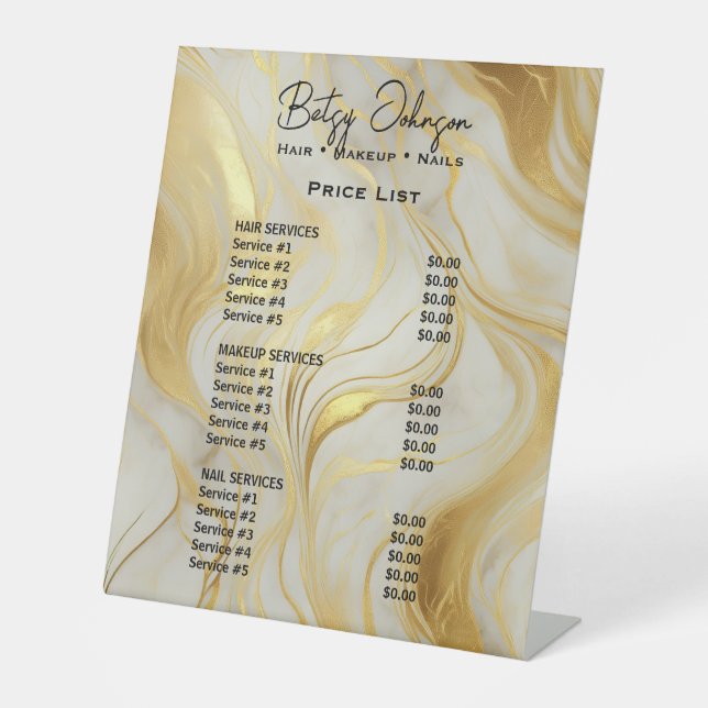 Ivory and Gold Marbled Beauty Salon Price List Pedestal Sign (Front)