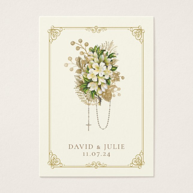 Ivory and Gold Wedding Floral Rosary Prayer Card (Front)