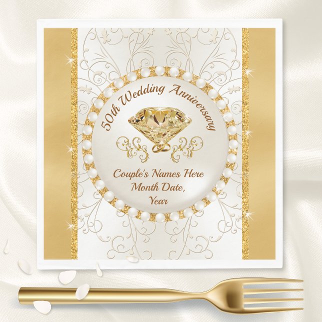 Ivory and Golden Wedding Anniversary Napkins, 50th Napkin (Stunning Personalized, 50th wedding anniversary napkins. Cocktail, Dinner or Luncheon Paper Napkins.)