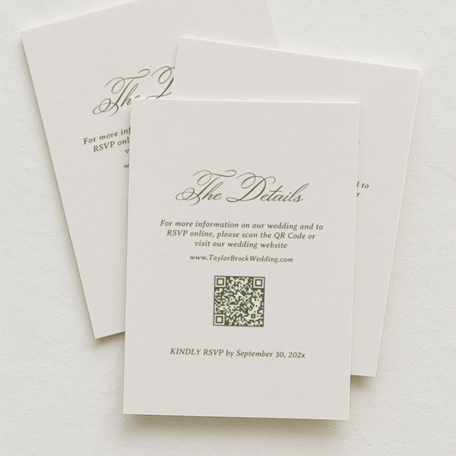 Ivory and Green Wedding Details RSVP Qr Code Enclosure Card (Creator Uploaded)