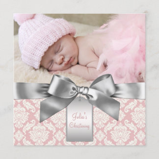 Ivory and Pink Damask Baby Girl Photo Christening Invitation