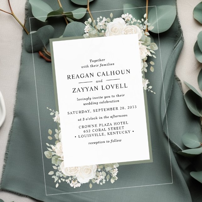 Ivory And Sage Elegant Floral Frame Wedding Acrylic Invitations (Creator Uploaded)