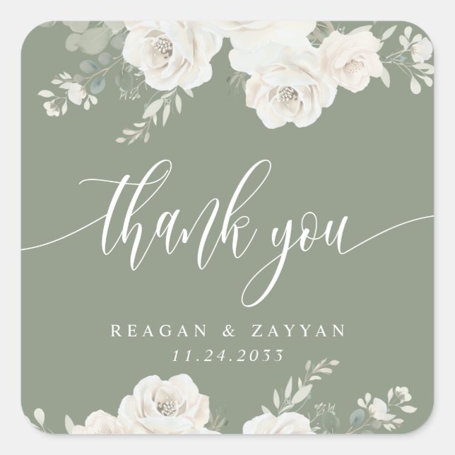 Ivory And Sage Elegant Floral Wedding Thank You Square Sticker (Front)