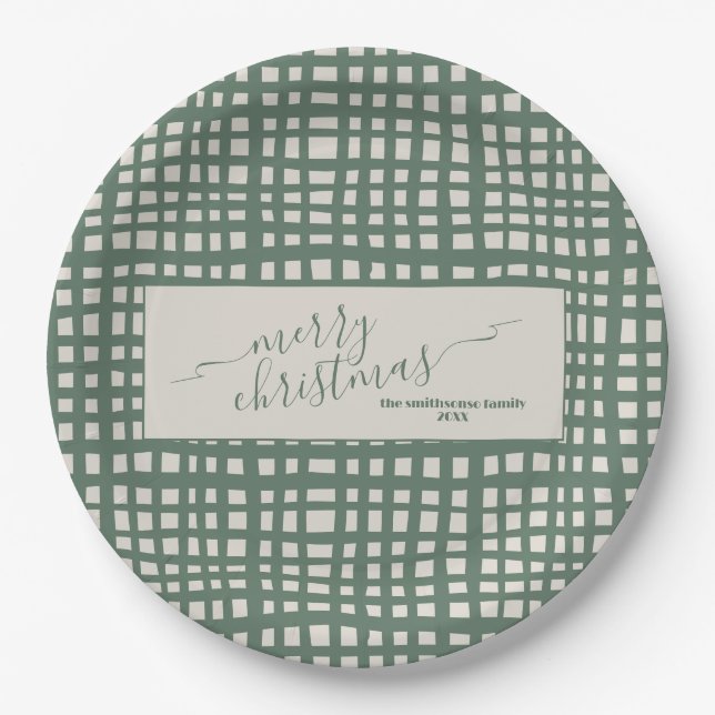 Ivory and sage green checkered Christmas Paper Plate (Front)