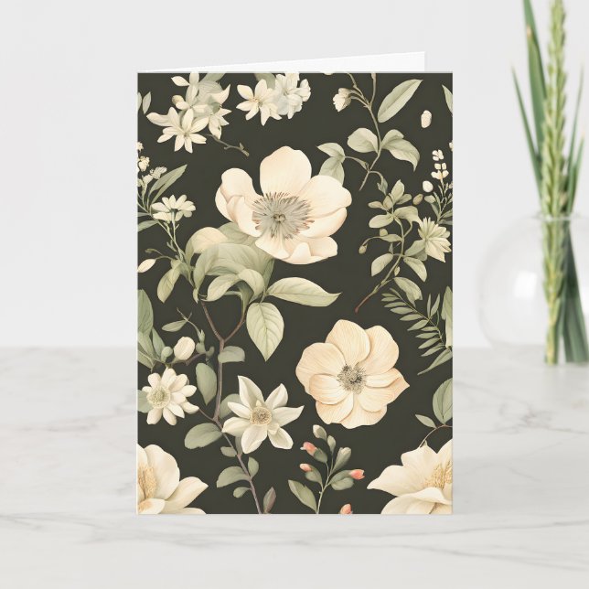 Ivory and Sage Green Floral on Black Card (Front)