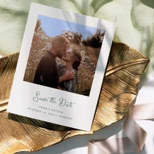 Ivory and Sage Green Photo   QR Code Save The Date Announcement Postcard