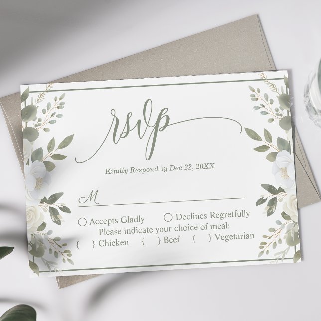 Ivory And Sage Script Floral Wedding Wedding RSVP Card (Creator Uploaded)
