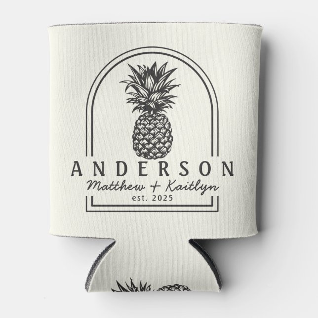 Ivory and Warm Black Pineapple Wedding Arch & Name Can Cooler (Front)