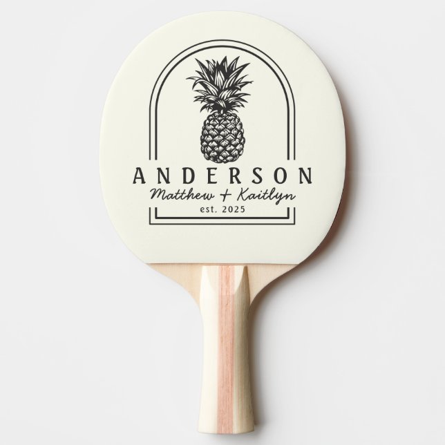 Ivory and Warm Black Pineapple Wedding Arch & Name Ping Pong Paddle (Front)