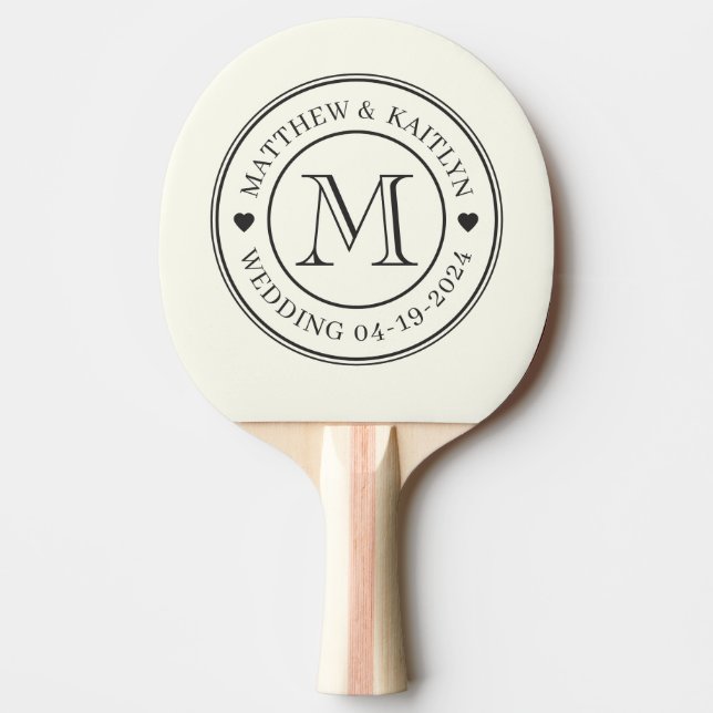 Ivory and Warm Black Wedding Monogram Heart Ping Pong Paddle (Front)