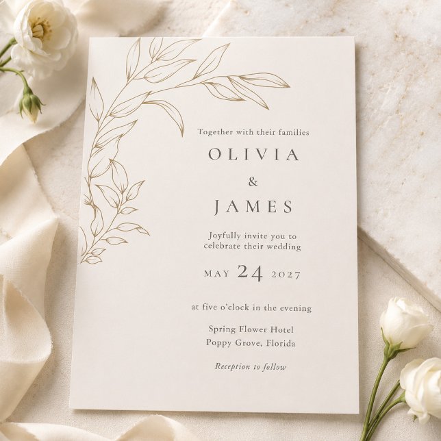 Ivory & Antique Gold Botanical Wedding Invitation (Ivory & Antique Gold Botanical Wedding Invitation on an elegant table with flowers)