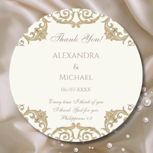 Ivory Baroque Christian Wedding Thank You  Classic Round Sticker