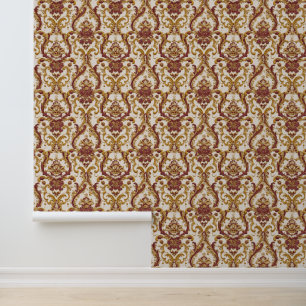 Ivory Baroque Ornament with Gold and Burgundy Wallpaper