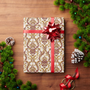 Ivory Baroque Ornament with Gold and Burgundy Wrapping Paper