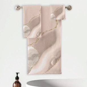 Ivory Beige Agate Geode Gold Glitter Bath Towel Set