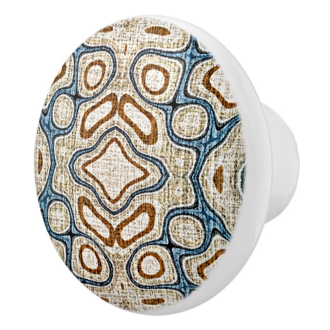 Ivory Beige Brown Ochre Teal Blue Ethnic Tribe Art Ceramic Knob (Right)