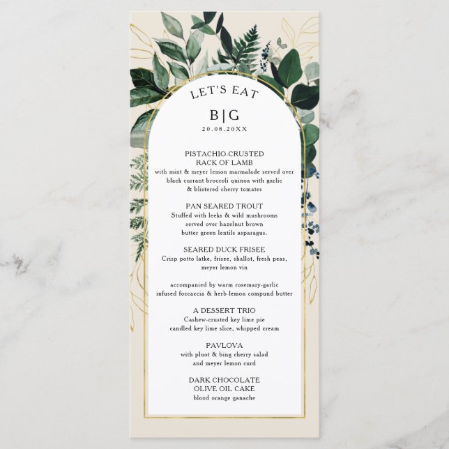 Ivory beige elegant Modern botanic arch wedding Menu (Front)
