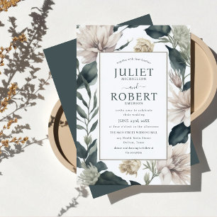 Ivory Beige  Emerald Dahlia Flowers Leaves Wedding Invitation