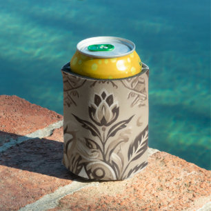 Ivory Beige Floral Boho Indonesia Batik Watercolor Can Cooler