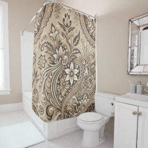 Ivory Beige Floral Boho Indonesia Batik Watercolor Shower Curtain