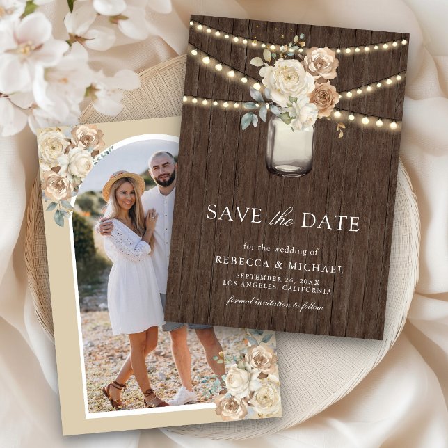 Ivory Beige Floral Mason Jar Photo Wedding Save The Date (Creator Uploaded)