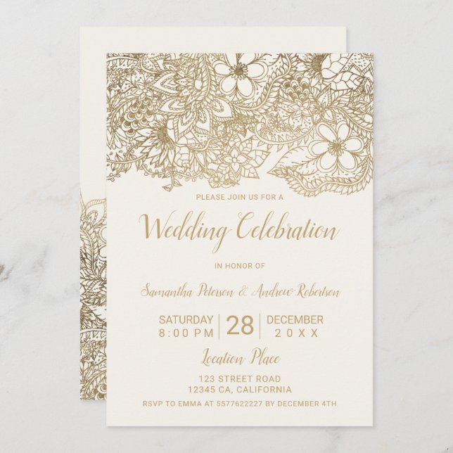 Ivory beige gold floral typography chic wedding invitation (Front/Back)