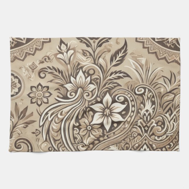 Ivory Beige Indonesian Batik Floral Boho Rustic Tea Towel (Horizontal)