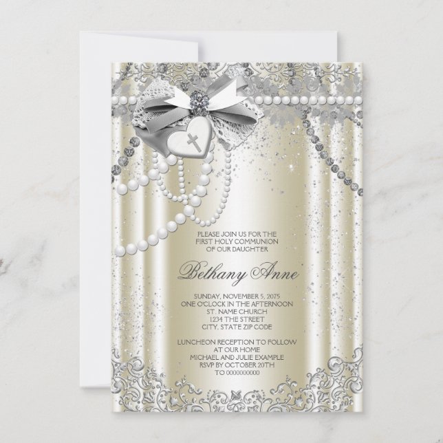Ivory Beige Pearl Cross First Communion Invitation (Front)