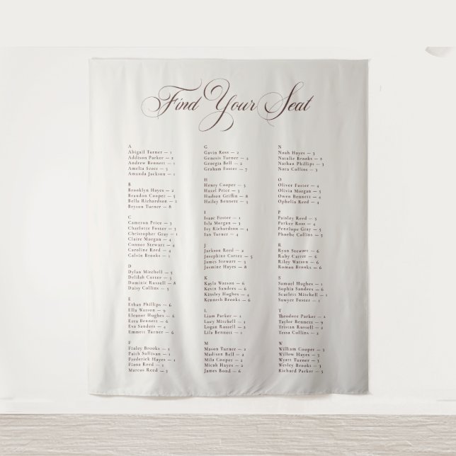 Ivory Black Alphabetical Wedding Seating Chart Tapestry (Front)