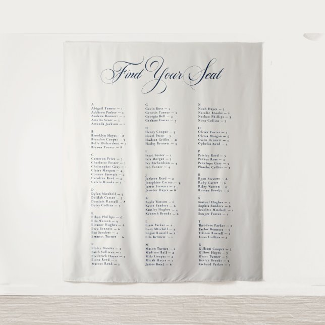 Ivory Black Alphabetical Wedding Seating Chart Tapestry (Front)