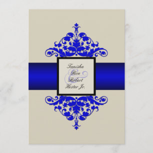 Ivory Black and Blue Damask Wedding Invitation