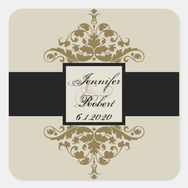 Ivory Black and Gold Damask Wedding Envelope Seal (Front)