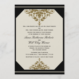 Ivory Black and Gold Damask Wedding Invitation