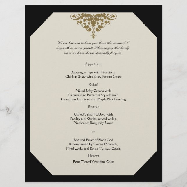 Ivory Black and Gold Damask Wedding Menu (Front)