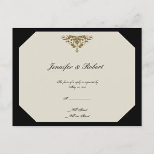 Ivory Black and Gold Damask Wedding RSVP Postcard