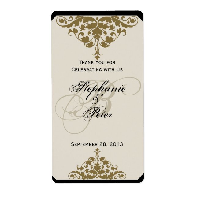 Ivory Black and Gold Damask Wedding Wine Label (Front)
