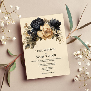 Ivory black blush green peony floral Wedding Invitation