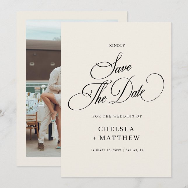 Ivory & Black Classic Script & Photo Wedding Save The Date (Front/Back)