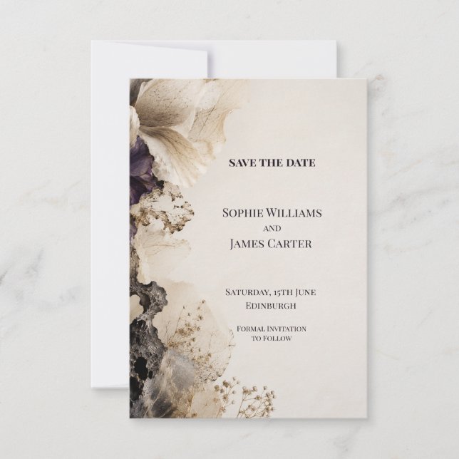 Ivory Black Gold Abstract Floral Wedding Save The Date (Front)