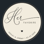 Ivory & Black Her Favorite Wedding Favor Classic Round Sticker<br><div class="desc">Add a charming detail to your celebration with this ivory and black his favorite wedding favor sticker, perfect for labeling the bride’s treat selection at your reception. The classic typography and timeless black and ivory palette create an elegant style ideal for wedding receptions, engagement celebrations, rehearsal dinners, bridal showers, and...</div>